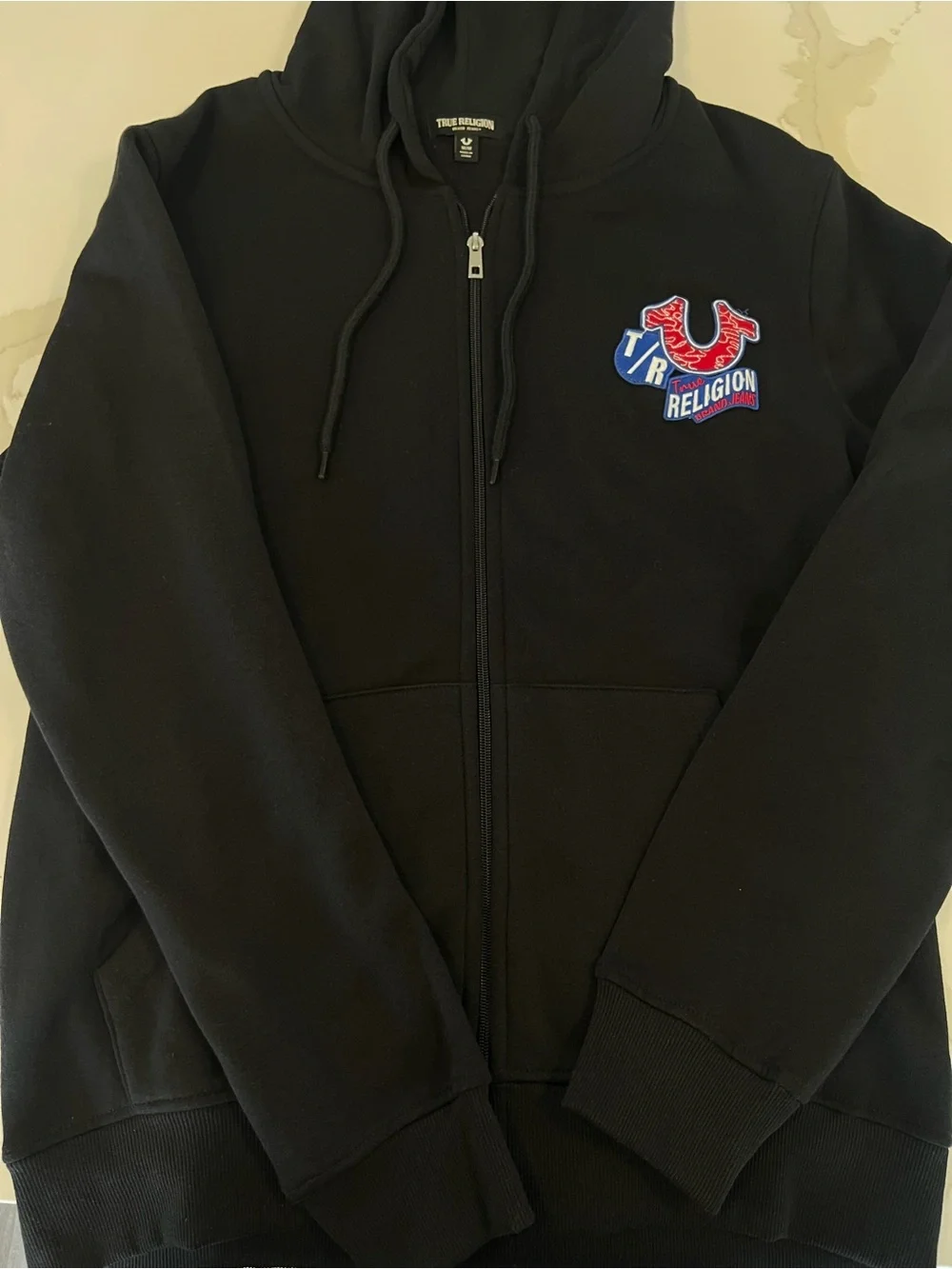 True Religion Embroidered Multi-Patch Zip Hoodie Black | Medium